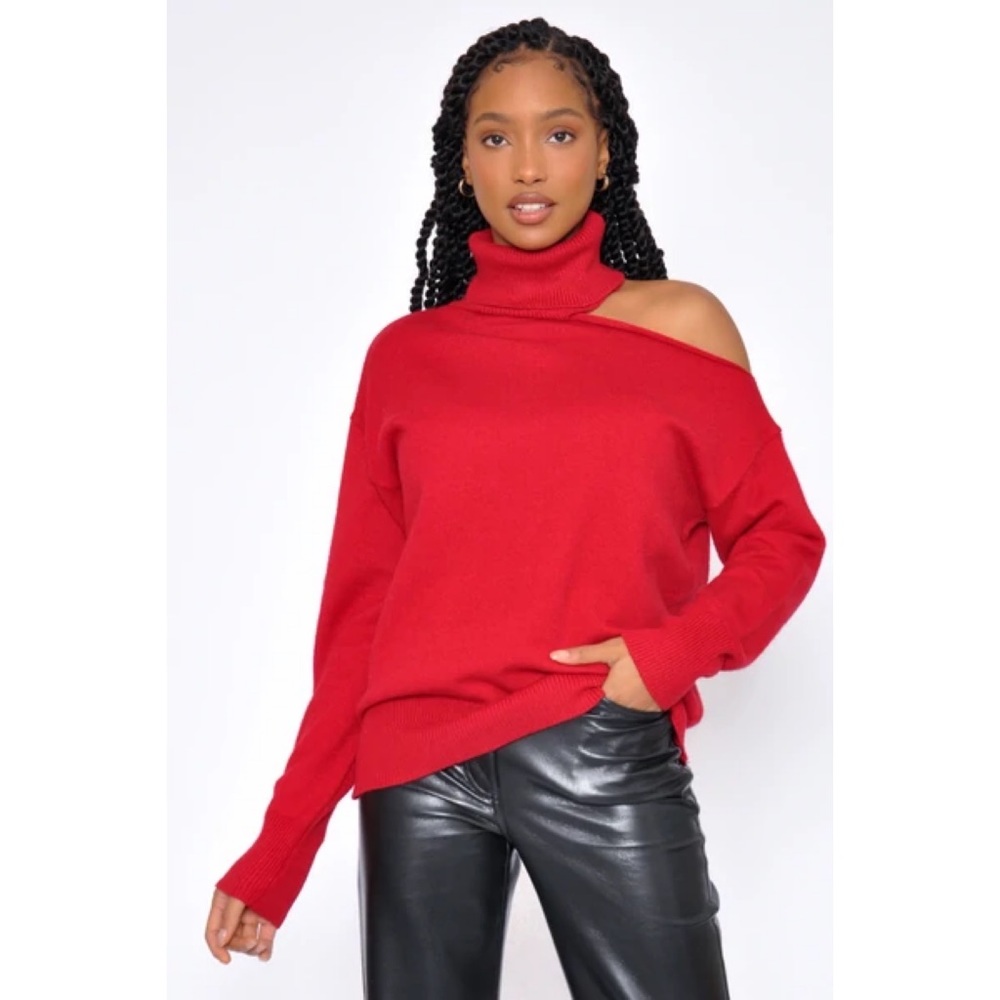 Cutout Shoulder Red Turtleneck Sweater
